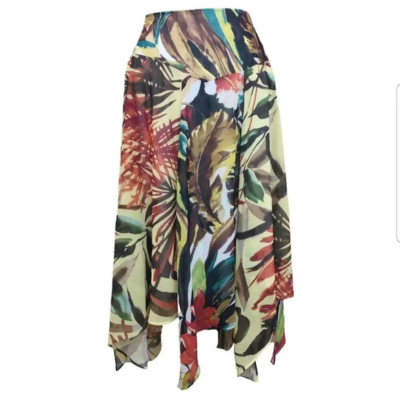 Chico's Womens Pleated Asymmetrical Skirt Sz 10 Multicolor Tropical Floral Flowy - Picture 1 of 11